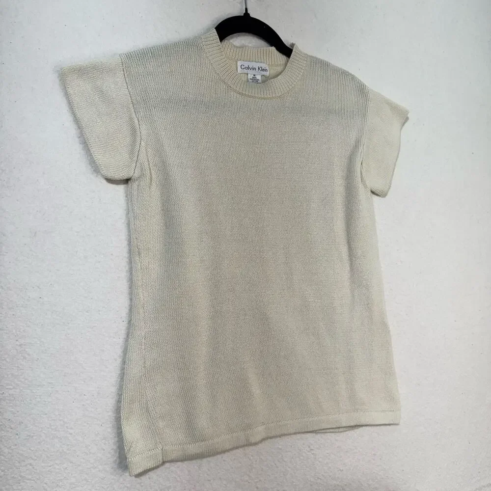 Calvin Klein VTG Knit Mercerized Cotton Ivory Cream Sweater Blouse Size Medium - Picture 2 of 6